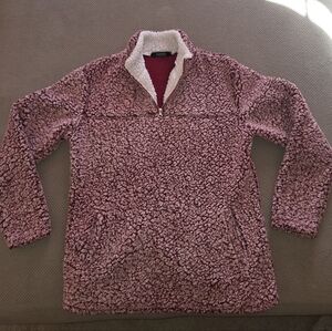 Fashion women's medium Sherpa Pullover ¼ zip sweatshirt in Burgundy & white.